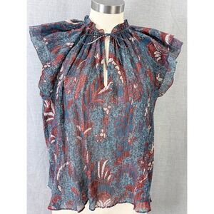 Ulla Johnson Silk Blend Metallic Floral Swan Print Flutter Sleeve Blouse Blue 4